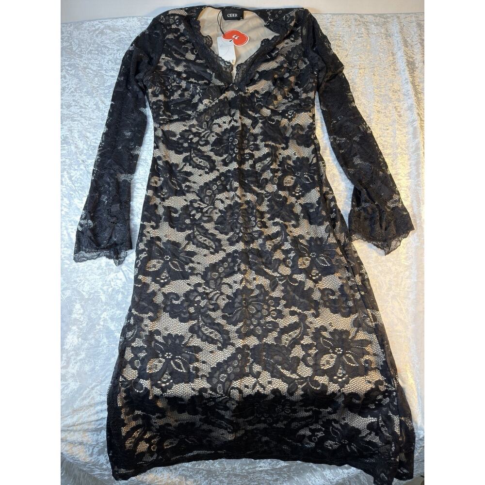CIDER Black‎ Lace Midi Dress XL Gothic Sheer Stretch Long Sleeve NWT